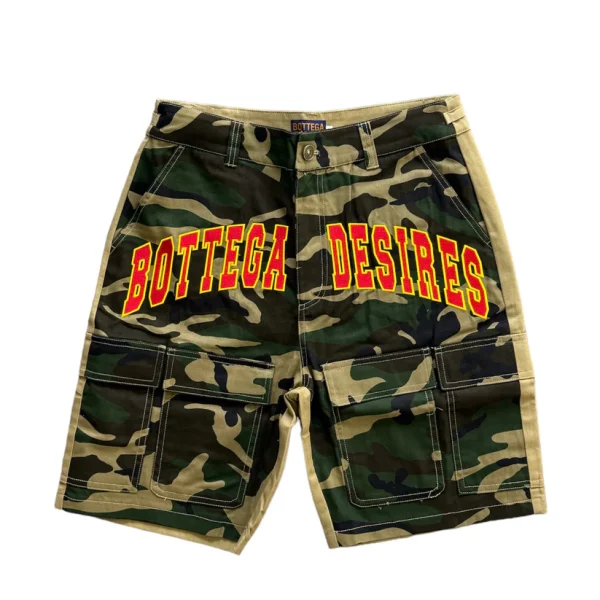 BOTTEGA DESIRES CAMO CARGO SHORTS